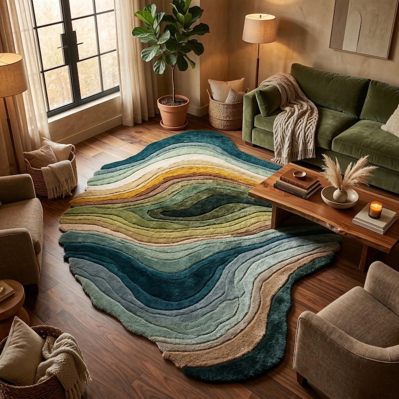 Hand-tufted Abstract Topographic Rug: Organic Earthy Carpet With Blue ...