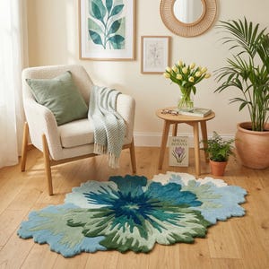 Hand Tufted Wool Splash Rug Abstract Floral Shape Blue Green Sculptural Carpet Organic Modern Art Floor Decor Living Room Accent