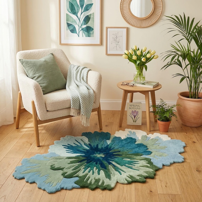 Hand Tufted Wool Splash Rug Abstract Floral Shape Blue Green Sculptural Carpet Organic Modern Art Floor Decor Living Room Accent