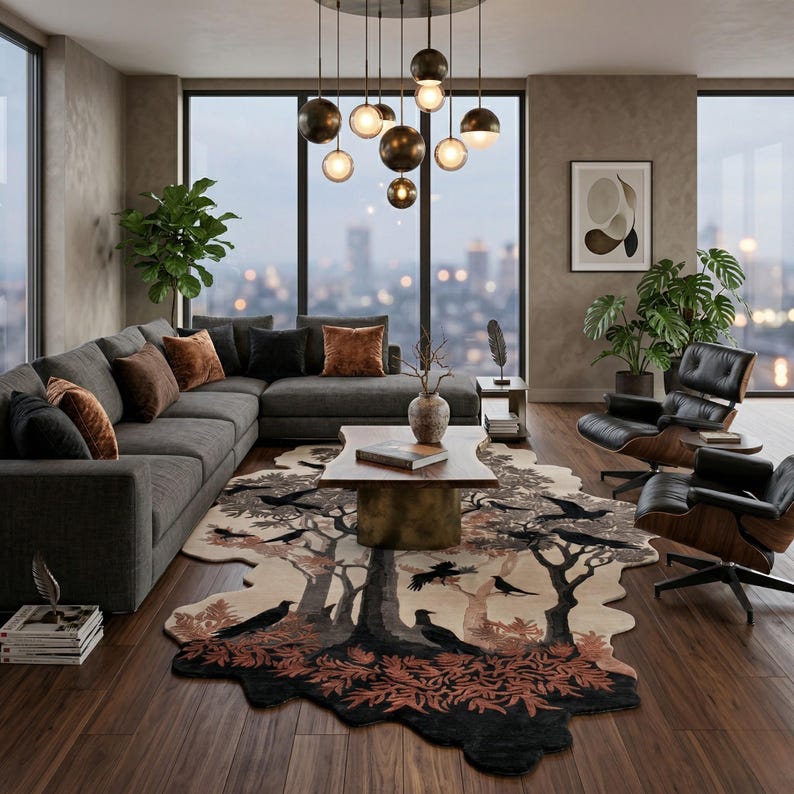 Tree Rug Modern Hand Tufted Tree Life Rug Birds Nature Inspired Wool Area Carpet Rustic ...