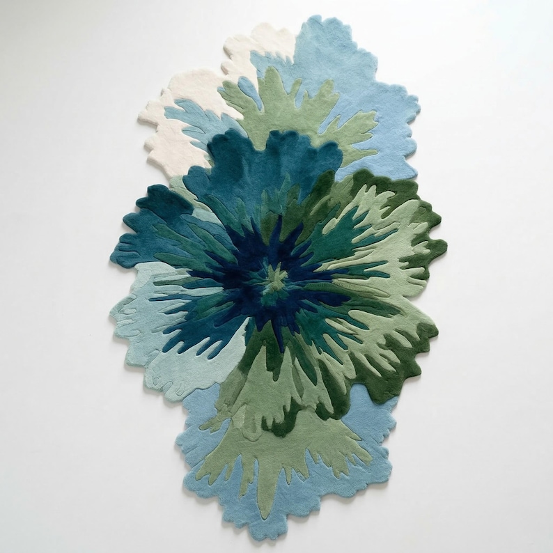 Hand Tufted Wool Splash Rug Abstract Floral Shape Blue Green Sculptural Carpet Organic Modern Art Floor Decor Living Room Accent