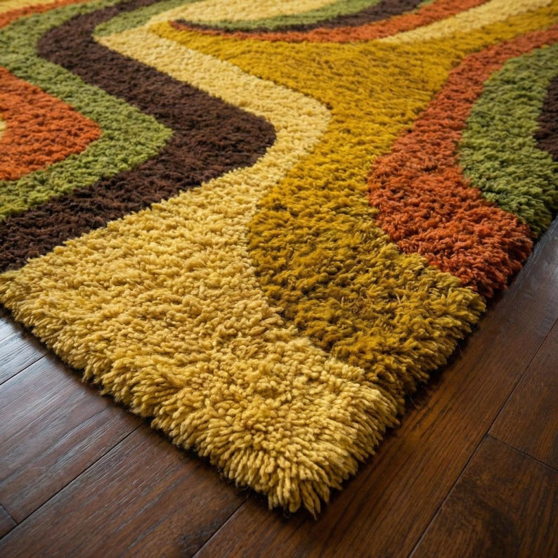 Hand Tufted Wavy Shag Rug | 70s Swirl Area Carpet, Earthy Tones, Mid ...