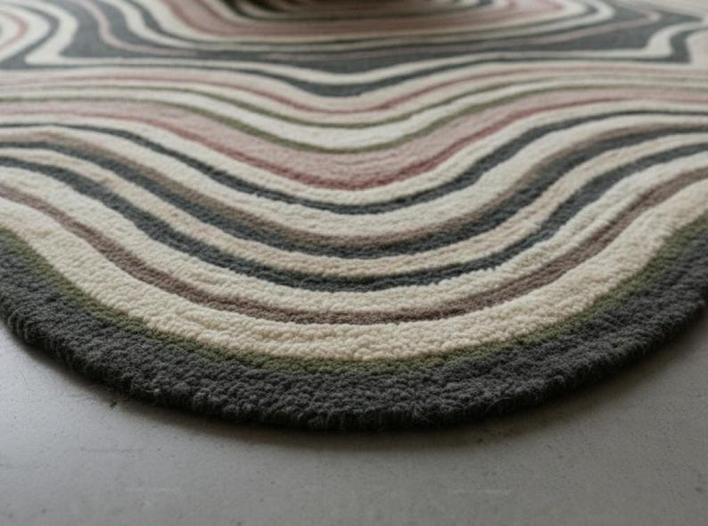 Wavy Pattern Rug: Wool  Beige Hand Tufted Organic Shape Scandinavian Carpet