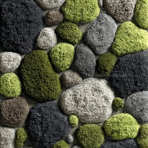 Modern hand-tufted beige wool rug with pebble pattern on balcony; 3D textured abstract carpet in gray, black, moss green.