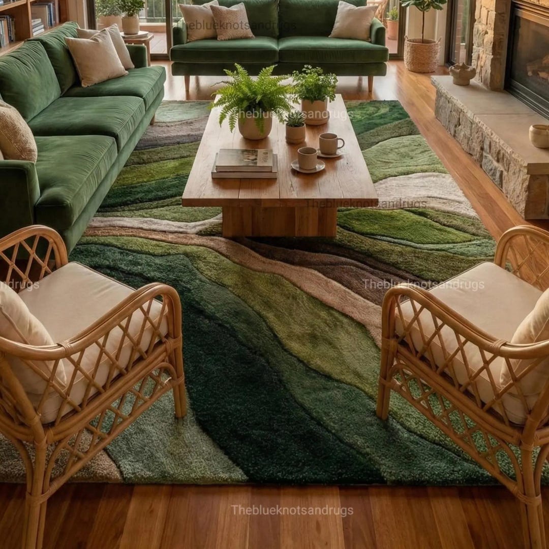 Green Abstract Area Rug Hand Tufted Wool | Sage Forest Cream | Made to ...
