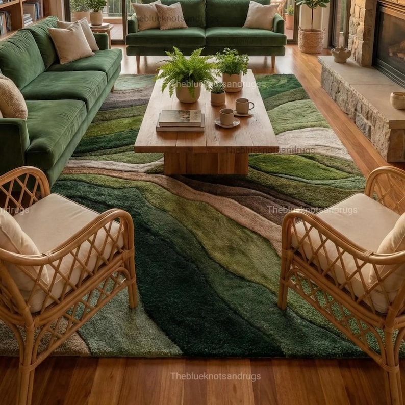 Green Abstract Area Rug Hand Tufted Wool | Sage Forest Cream | Made to ...