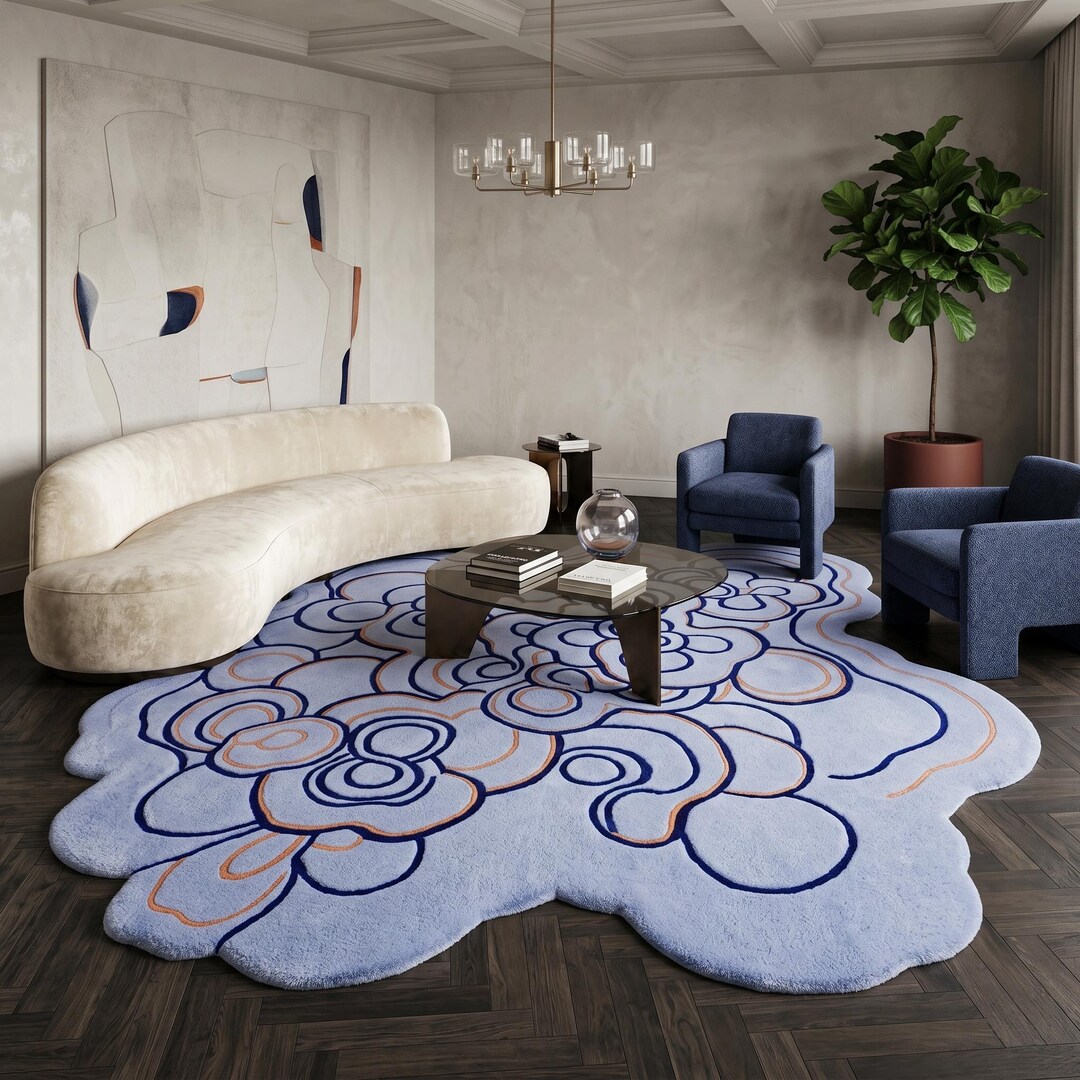 Periwinkle Modern Rug Hand Tufted Abstract Cloud Rug, Periwinkle Blue Wool Mat, Modern Area ...