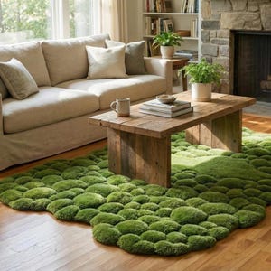 Organic Moss Green Pebble Area Rug | 3D Pom Pom Wool Carpet | Custom Biophilic Home Decor