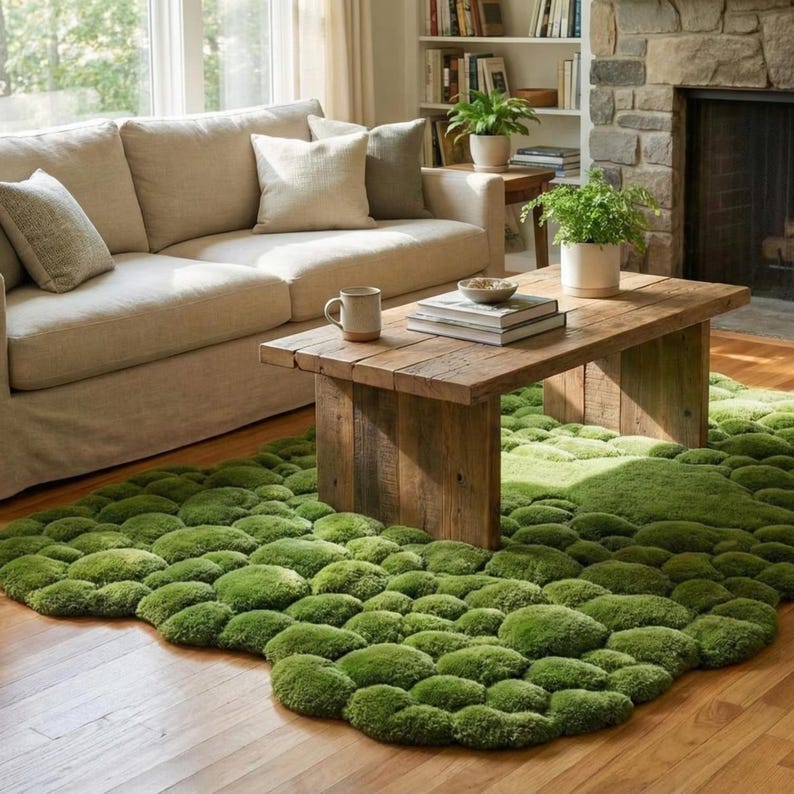 Hand Tufted Moss Rug Green Abstract Nature Inspired Textured Floor Art ...