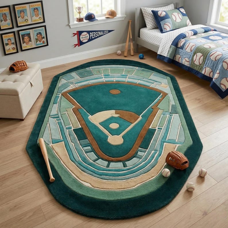 Hand Tufted Baseball Stadium Wool Rug – Kids Playroom Oval Carpet - Etsy