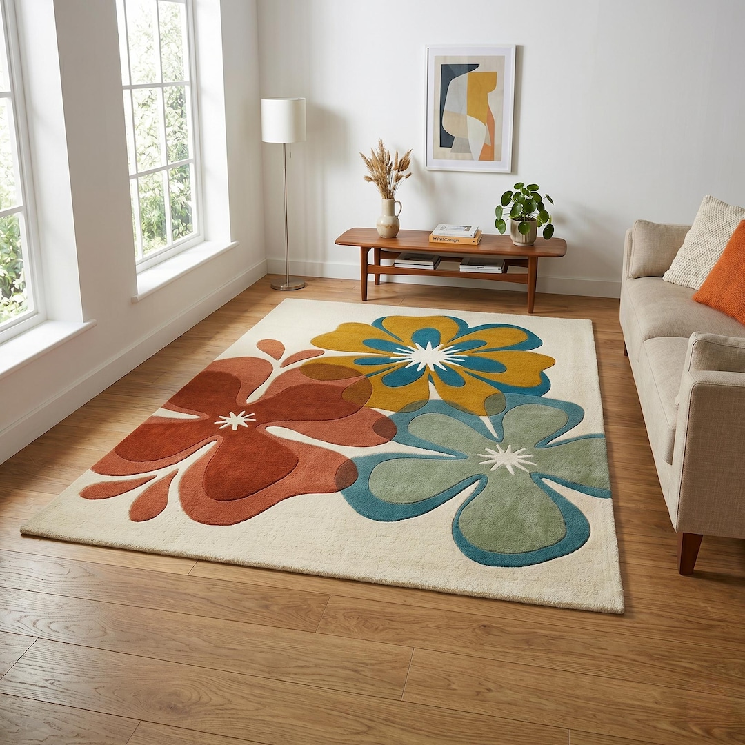 Hand Tufted Retro Floral Wool Rug | Mid Century Modern Boho Area Carpet ...