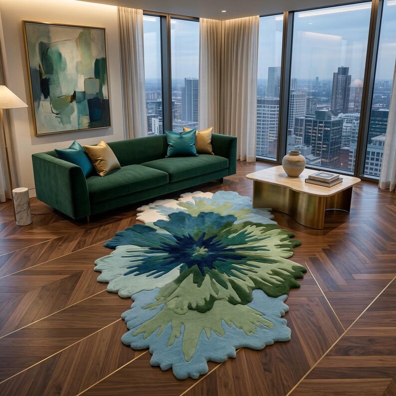 Hand Tufted Wool Splash Rug Abstract Floral Shape Blue Green Sculptural Carpet Organic Modern Art Floor Decor Living Room Accent