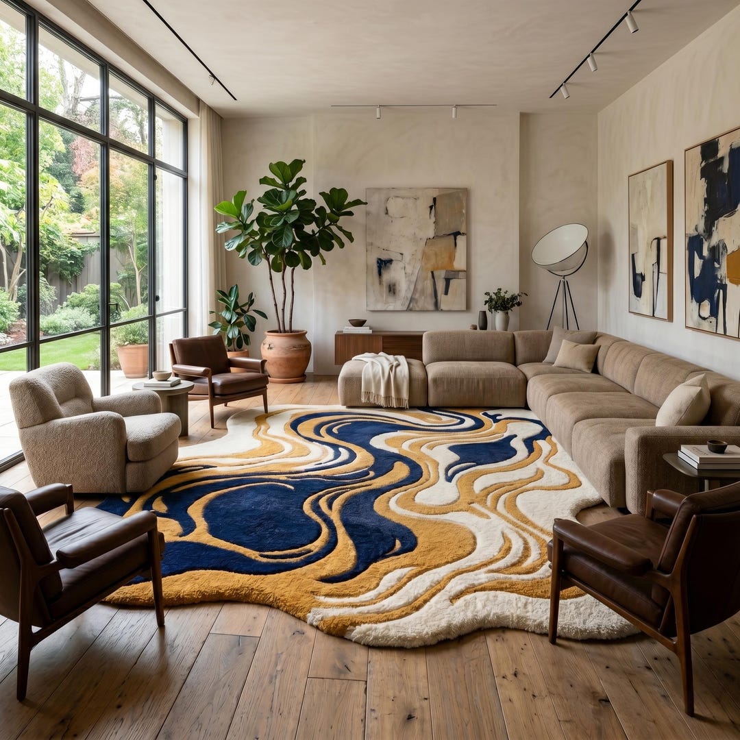 Abstract Wavy Rug | Irregular Shape | Hand Tufted Wool | Living Room ...