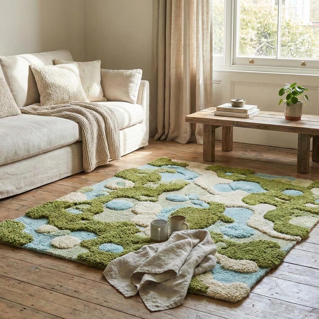 Hand Tufted Moss Pebble Wool Rug Organic Landscape Texture Green Blue ...