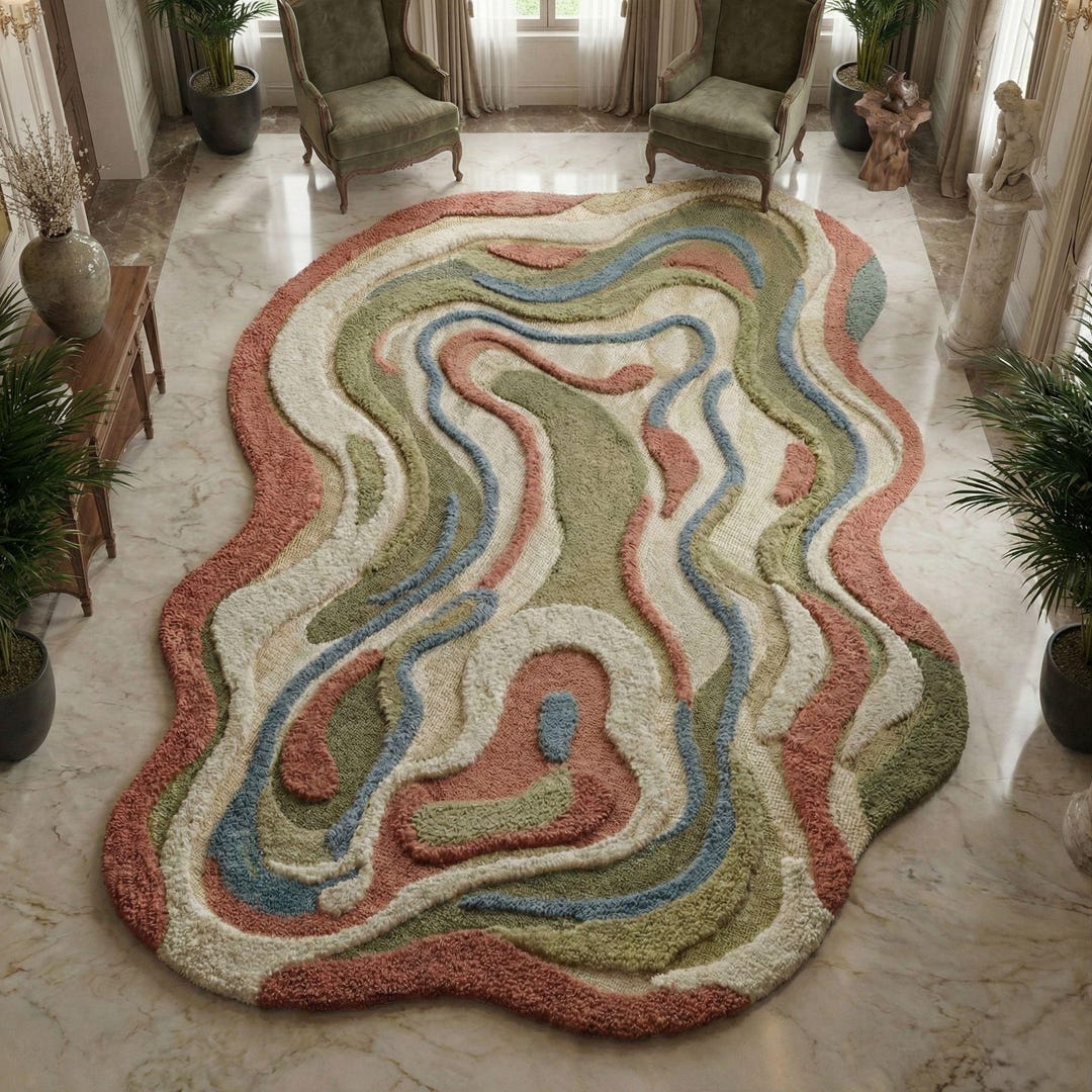 Wavy Area Rug Olive Green | Hand Tufted Organic Shape Wool Carpet - Etsy