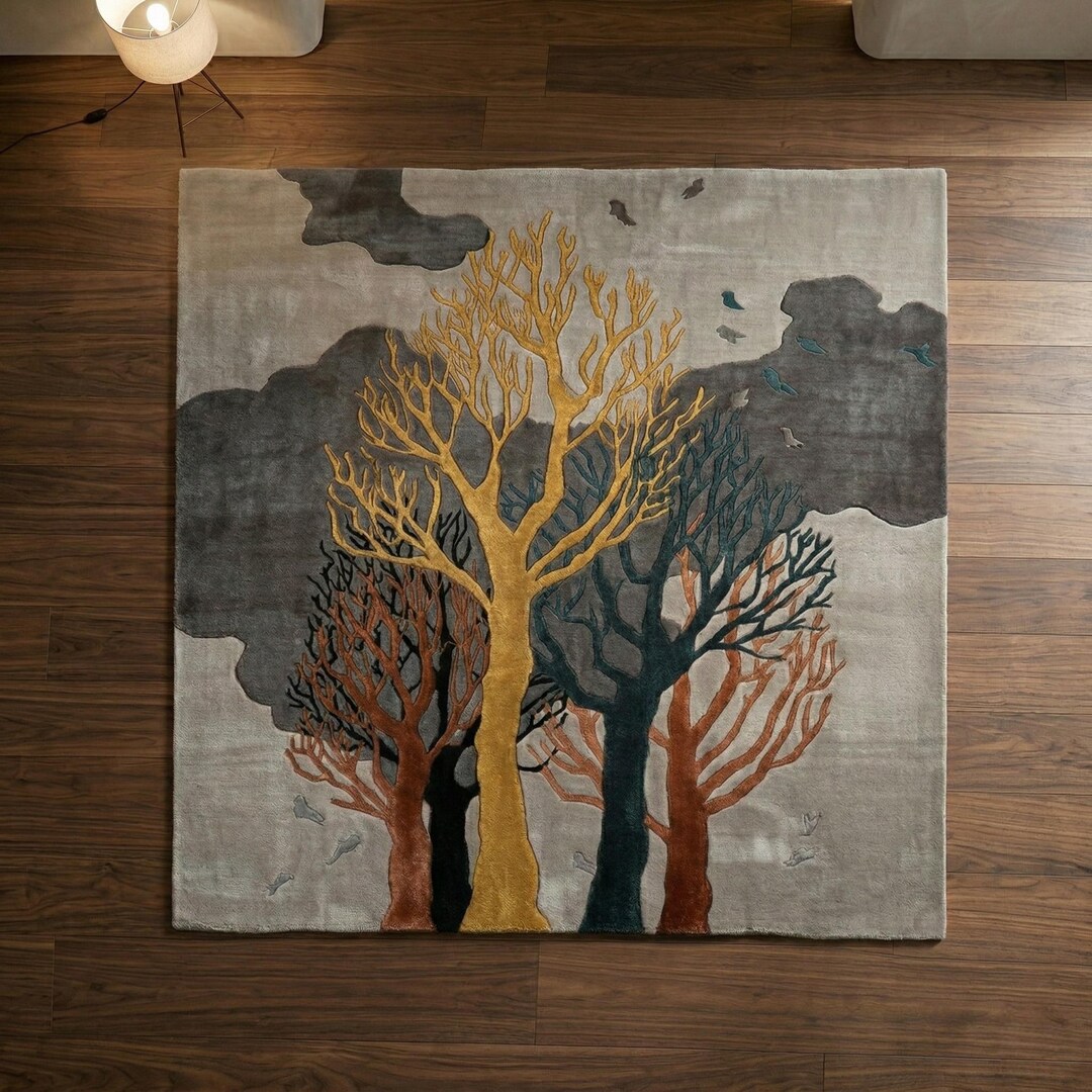 Nature Inspired Wool Area Carpet, Hand Tufted Tree Rug With Birds ...