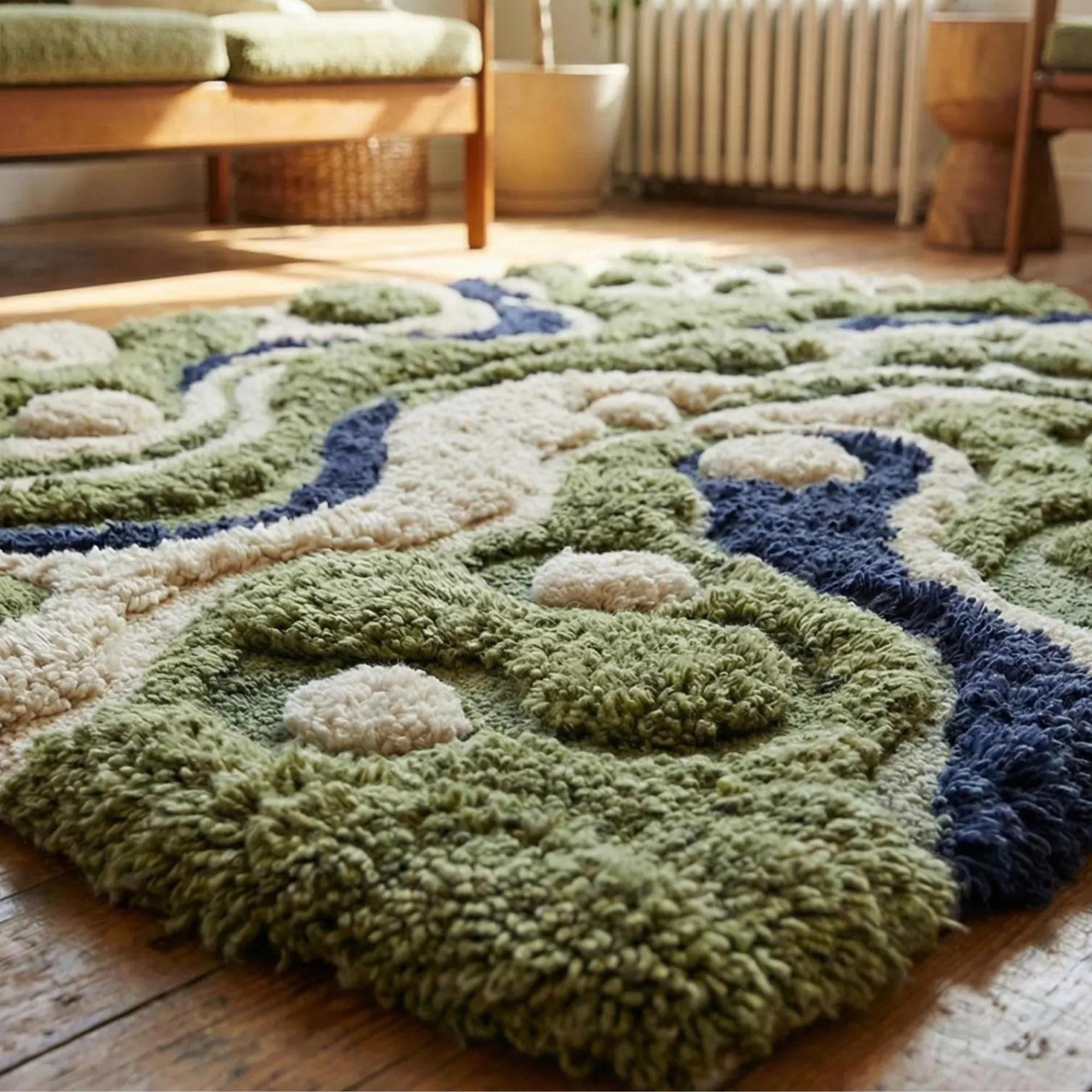 Hand Tufted Wool Moss Pebble Rug 5x8 | Sculptural Landscape Carpet With ...