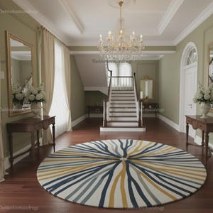 Modern Sunburst Rug, Hand Tufted Wool: Yellow Multicolor Round 8x8 Area Carpet