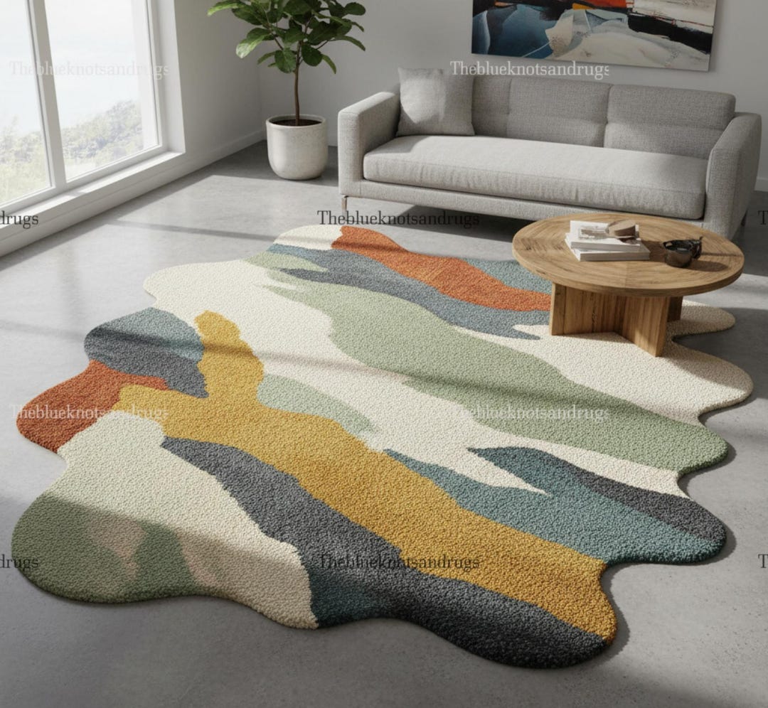 Unique Rug Shapes Hand Tufted Irregular Shape Rug – Retro Multicolor Abstract Waves ...