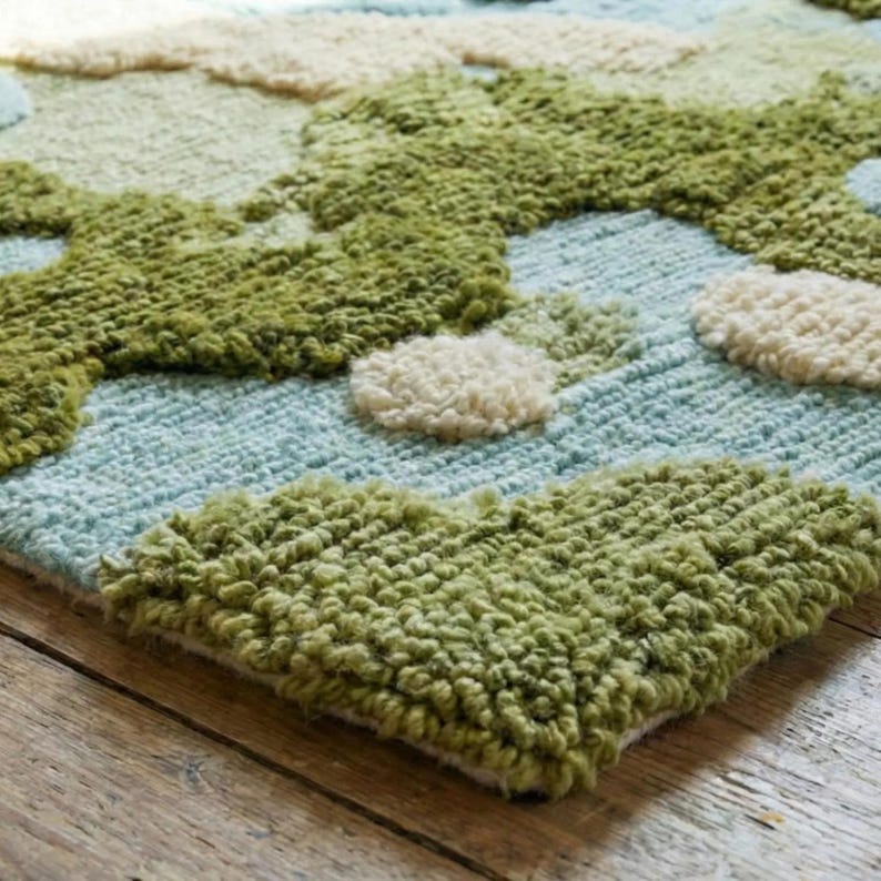 Hand Tufted Moss Pebble Wool Rug Organic Landscape Texture Green Blue ...