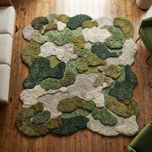 Hand Tufted Moss Area Rug, Organic Shape Abstract, Forest Floor Textured Green, Irregular Carpet, Nature Decor, Earthy Tones