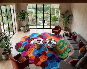 Colorful Abstract Area Rug Hand Tufted Wool Sculptural Modern Artistic Living Room Carpet