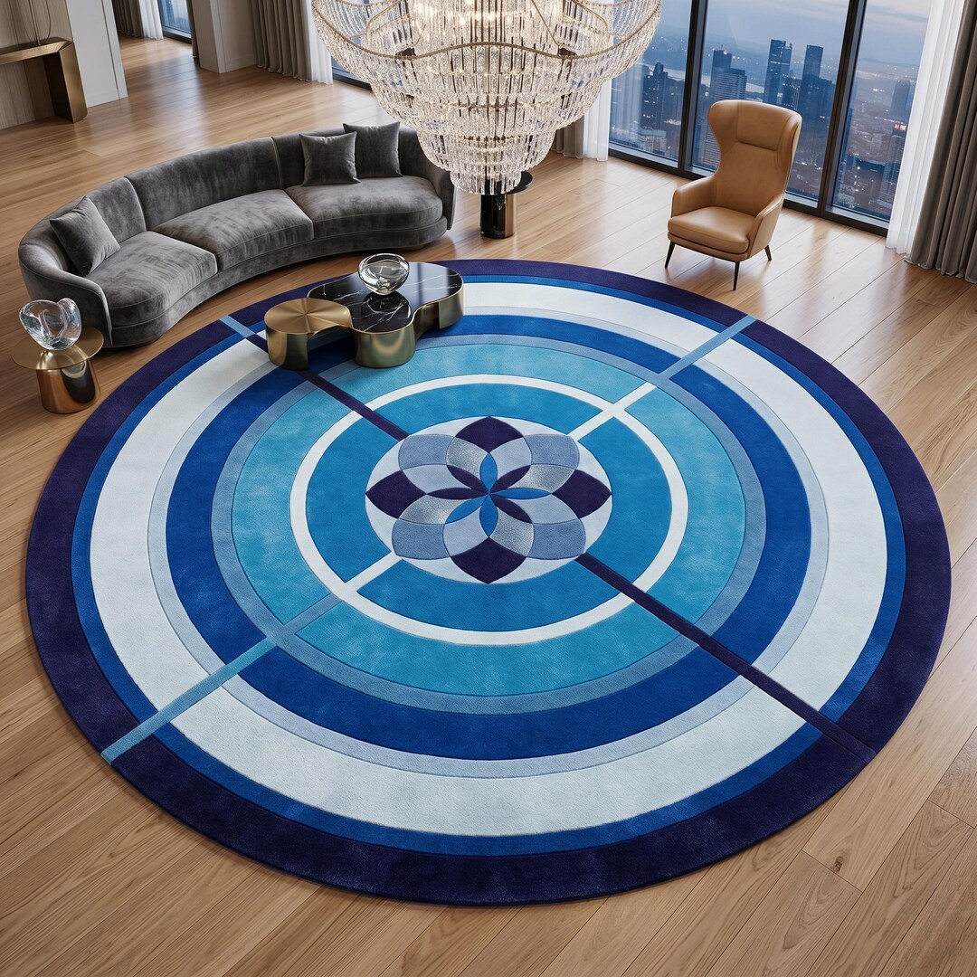 Round Blue Rug Hand Tufted | Geometric Wool | Living Room | 8x8 ...