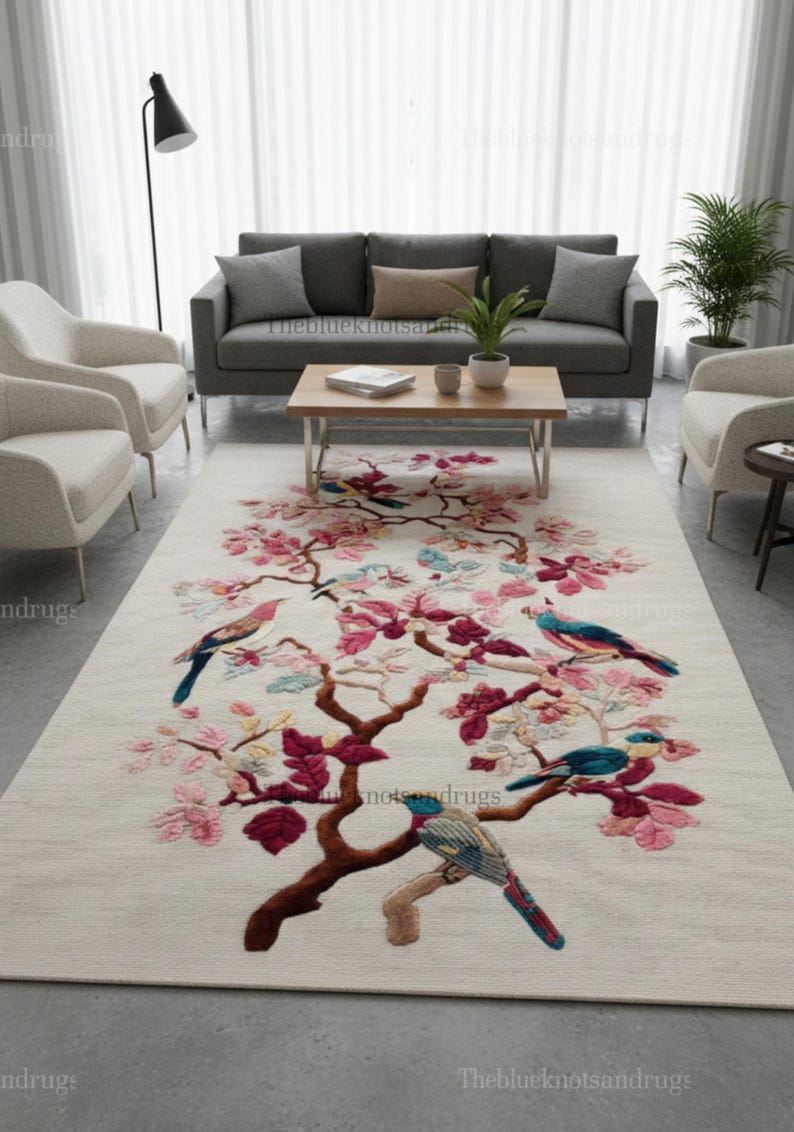 Cherry Tree Rug Wool 8x10: Hand Tufted Colorful Chinoiserie Blossom ...