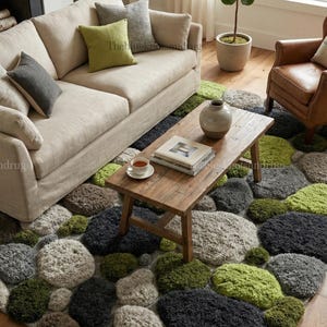 Modern hand-tufted beige wool rug with pebble pattern on balcony; 3D textured abstract carpet in gray, black, moss green.