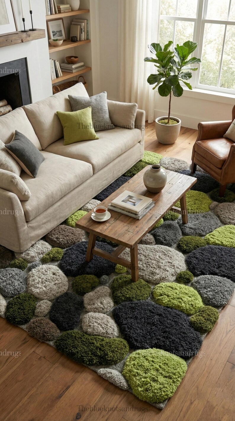 Modern hand-tufted beige wool rug with pebble pattern on balcony; 3D textured abstract carpet in gray, black, moss green.