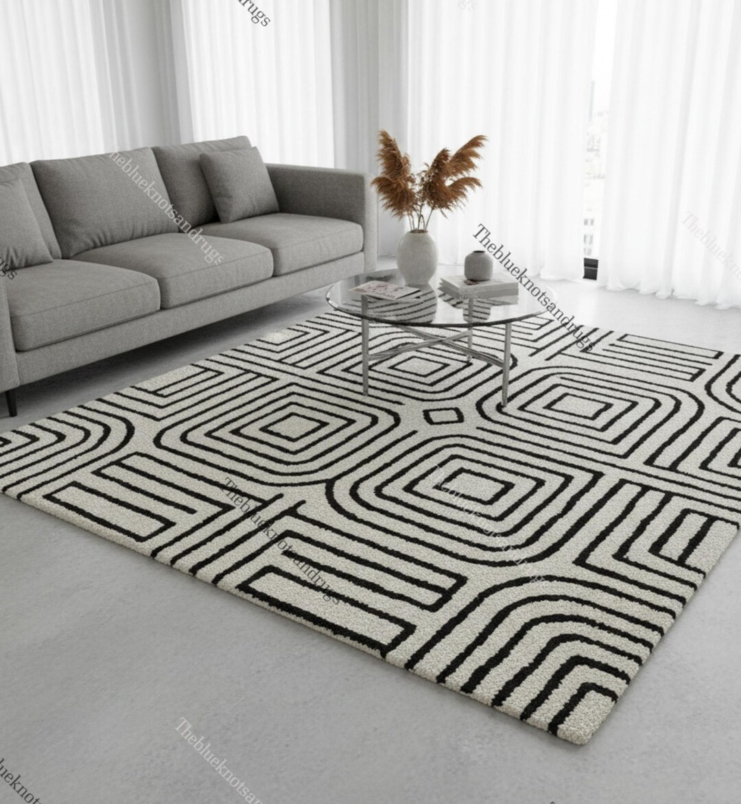 Hand Tufted Wool Rug – Modern Black and White Geometric Carpet - Etsy
