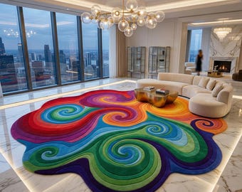 May include: A vibrant, abstract area rug with a swirling, cloud-like design. The rug features a spectrum of colors, including red, orange, yellow, green, blue, and purple. The rug is placed on a marble floor in a modern living room.