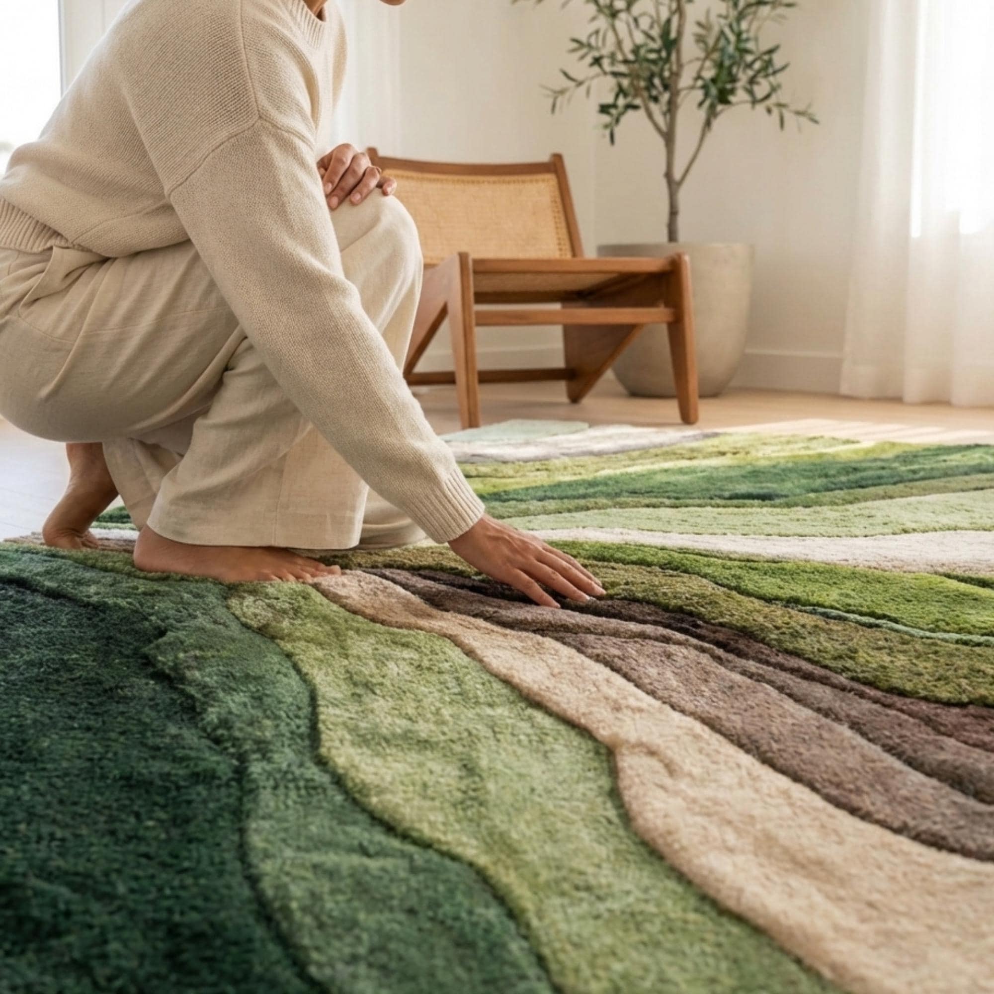 Green Abstract Area Rug Hand Tufted Wool | Sage Forest Cream | Made to ...