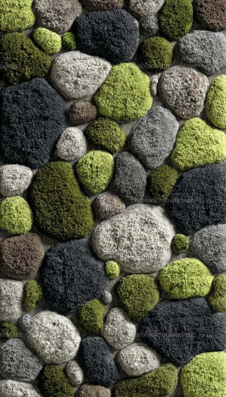 Modern hand-tufted beige wool rug with pebble pattern on balcony; 3D textured abstract carpet in gray, black, moss green.