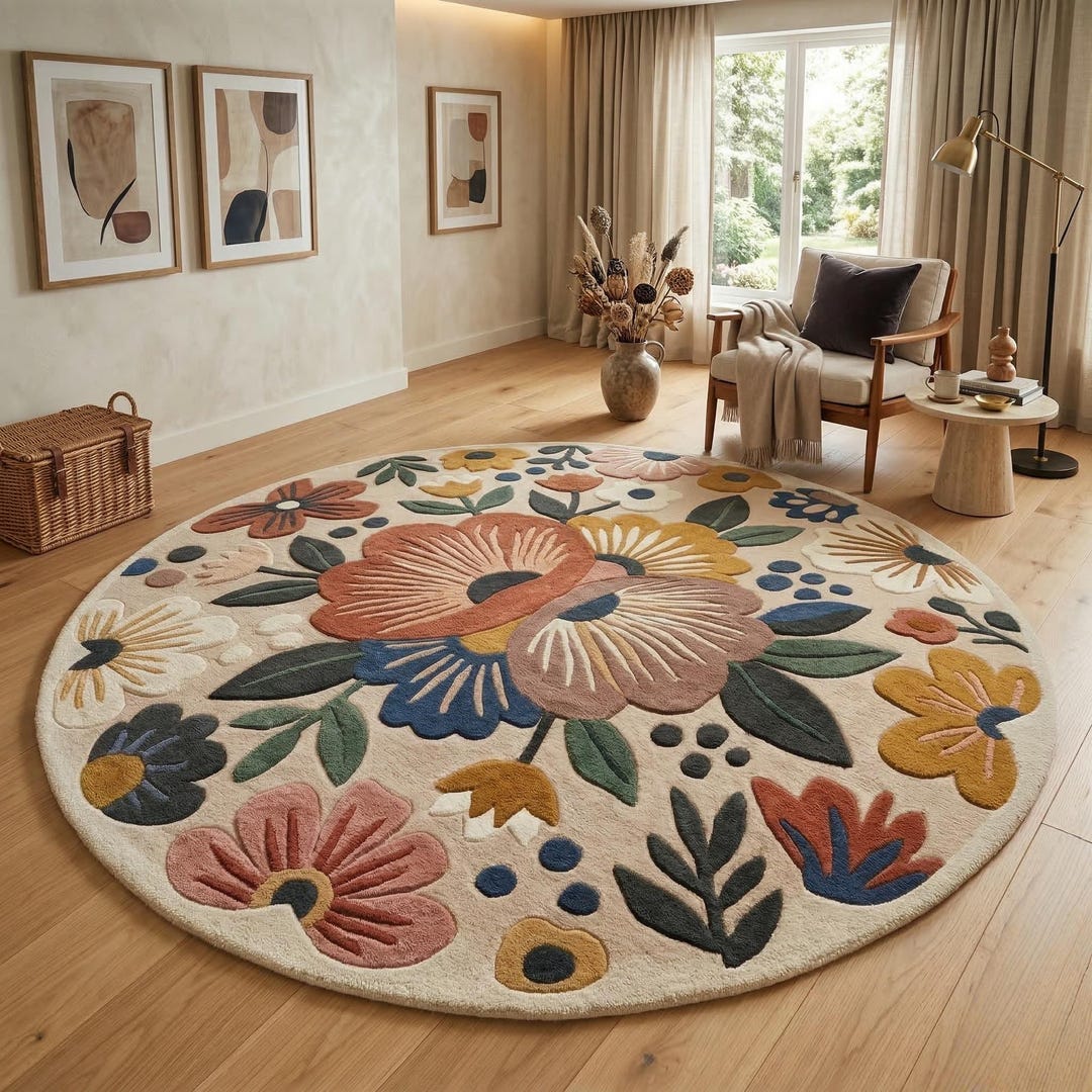 Hand Tufted Wool Floral Round Rug | Boho Retro Botanical Living Room ...
