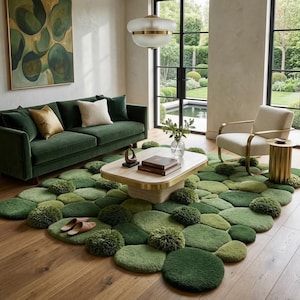 Hand Tufted Moss Pebble Rug | Organic Green Stone Carpet | Nature-Inspired 3D Pom Pom Decor