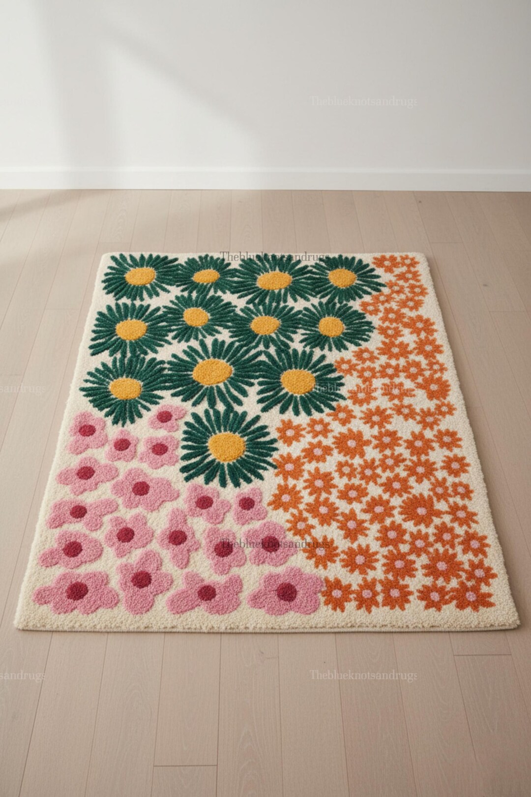 Colorful Daisy Rug Hand Tufted: Soft Fuzzy Flower Accent, Wavy Artsy ...