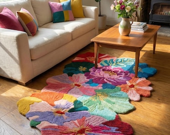 Colorful Floral Hand Tufted Rug | Maximalist Botanical Area Carpet | Unique Shaped Mat | Eclectic Boho Room Decor