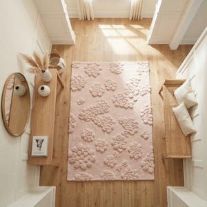 Hand Tufted Wool Rug: Sculptural Bubble Texture Carpet, Pastel Pink Modern Floor Decor