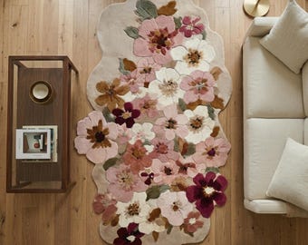 Handmade Wool Floral Area Rug | Pink Burgundy Botanical Accent Carpet