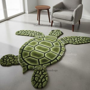 Sea Turtle Rug Hand Tufted Wool Green Irregular Shape Nursery Carpet
