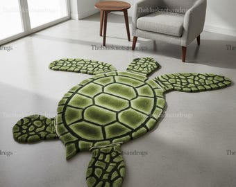 Sea Turtle Rug Hand Tufted Wool Green Irregular Shape Nursery Carpet