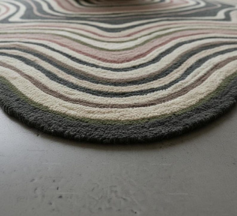 Wavy Pattern Rug: Wool  Beige Hand Tufted Organic Shape Scandinavian Carpet