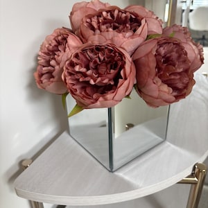 Handmade Faux Peony Bouquet in Mirrored Vase - Vintage Pink Floral Arrangement - Custom Colors Available - Home Decor Centerpiece