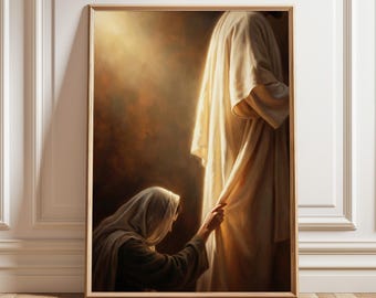 May include: A framed religious artwork depicts a figure in a white robe reaching out to another figure in a white robe. The artwork is set against a warm, golden background, with a wooden frame.