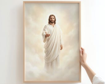 May include: A framed vertical wall art print featuring a central figure with long brown hair and a beard, wearing a draped white robe. The figure stands amidst soft, glowing golden clouds that fill the background, creating a radiant atmosphere.