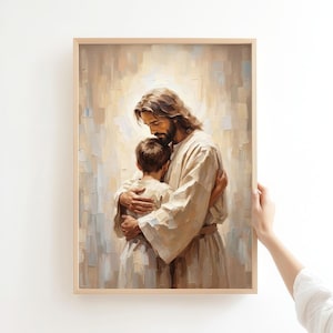 May include: A vertical rectangular wall art print featuring an oil painting style illustration of a bearded figure with long brown hair wearing a light-colored robe, embracing a child who is also dressed in a matching light-colored robe.