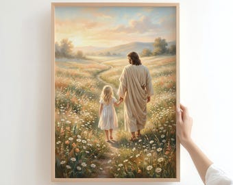 Jesus Walking with a Blonde Little Girl in Meadow, Luminous Pastoral Scene Printable, LDS Art, Christian Nursery Decor, Digital Download