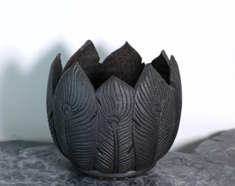 Handmade Carved Ceramic Pot with Feather Pattern— Ø 8.5CM,Ideal for caudex plants, Ariocarpus, Copiapoa, Agave