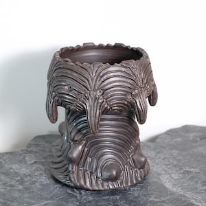 May include: A dark brown ceramic vase with a unique design. The vase features a textured surface with a series of vertical lines and sculpted avian-like faces. The top of the vase has a wide opening.